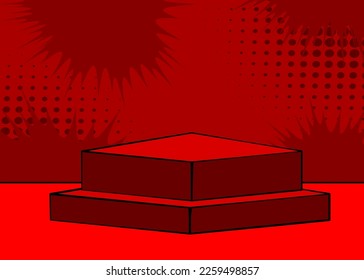 Red Comic Book Product podium. Vintage pop art stage for mockup presentation. Empty Pedestal background.