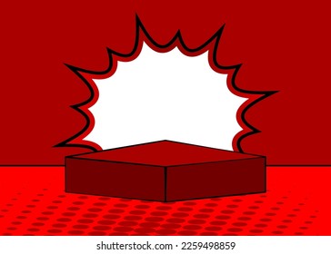 Red Comic Book Product podium. Vintage pop art stage for mockup presentation. Empty Pedestal background.