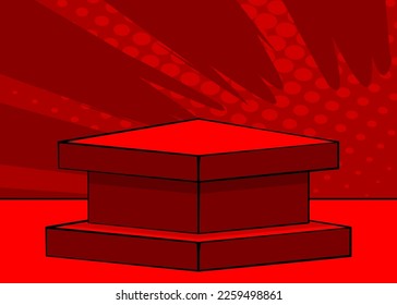 Red Comic Book Product podium. Vintage pop art stage for mockup presentation. Empty Pedestal background.