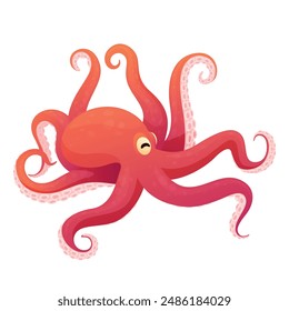 Red comic octopus cute aquatic underwater wild animal with tentacle isometric vector illustration. Funny cartoon big dangerous seafood natural water habitat character aquarium creature