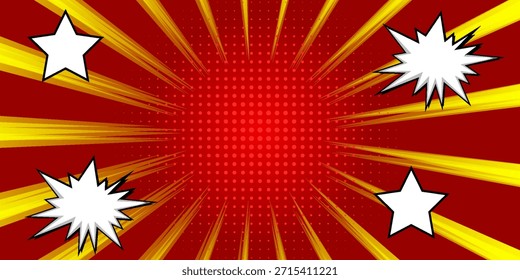 Rote Comic-Pop-Art-Burst-Hintergrund mit gelben Geschwindigkeit Strahlen, Rasterpunkte, Sterne und Explosion Formen. Dynamisches Retro-Comic-Design, ideal für Poster, Banner, Promotionen, Schlagzeilen, Flyer, Anzeigen.