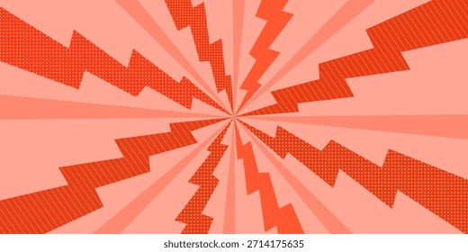 Red comic radial burst background with zigzag lightning shapes and halftone dot patterns creating an energetic pop art explosion. for posters, banners, promotions, ads, stickers, graphic designs.
