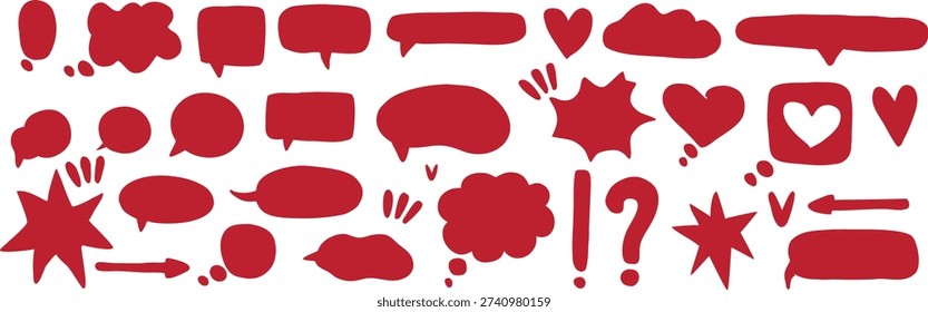 Red comic speech bubbles, bursts, and punctuation doodle set. Playful hand drawn dialog shapes with hearts, stars, and question marks for pop art designs. Bold expressive graphic collection isolated.