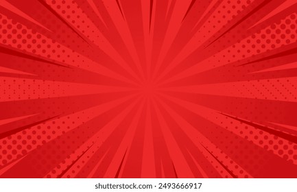 Red comic sunburst effect background with halftone. pop art comic-style vector background. Suitable for templates, sale banners, events, ads, web and pages