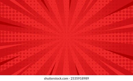 Fondo rojo del efecto del sunburst del cómic con el medio tono. fondo del Vector del estilo del cómic del arte pop. Adecuado para Plantillas, Anuncios de venta, eventos, anuncios, Web y páginas