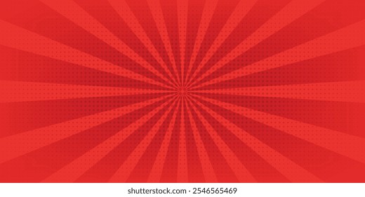 Red comic sunburst effect background with halftone. pop art comic-style vector background. Suitable for templates, sale banners, events, ads, web and pages