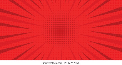 Red comic sunburst effect background with halftone. pop art comic-style vector background. Suitable for templates, sale banners, events, ads, web and pages