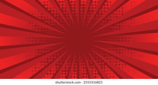 Red comic sunburst effect background with halftone. pop art comic-style vector background. Suitable for templates, sale banners, events, ads, web and pages
