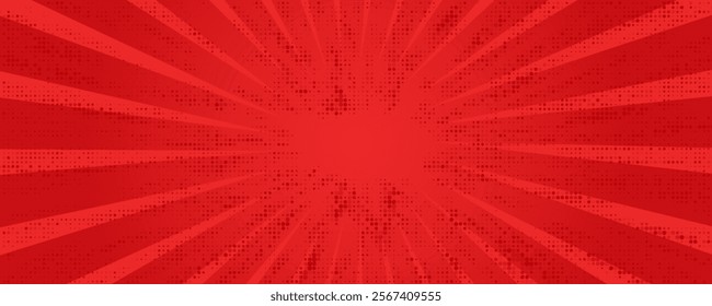 Red comic sunburst effect background with halftone. pop art comic-style vector background. Suitable for templates, sale banners, 