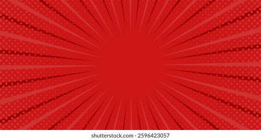 Red comic sunburst effect background with halftone. pop art comic-style vector background. Suitable for templates, sale banners, events, ads, web and pages