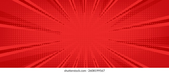 Red comic sunburst effect background with halftone. pop art comic-style vector background. Suitable for templates, sale banners, events, ads, web and pages