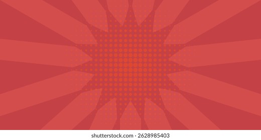 Red comic sunburst effect background with halftone. pop art comic-style vector background