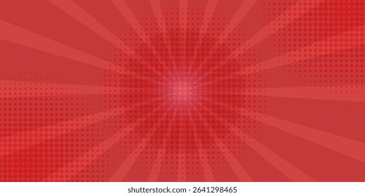 Red comic sunburst effect background with halftone. pop art comic-style vector background. Suitable for templates, sale banners, events, ads, web and pages