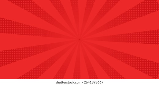 Red comic sunburst effect background with halftone. pop art comic-style vector background. Suitable for templates, sale banners, events, ads, web and pages