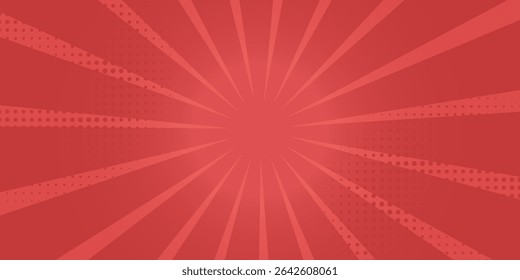 Red comic sunburst effect background with halftone. pop art comic-style vector background. Suitable for templates, sale banners, events, ads, web and pages