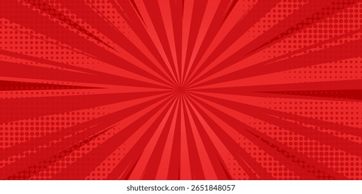 Red comic sunburst effect background with halftone. pop art comic-style vector background. Suitable for templates, eps10.
