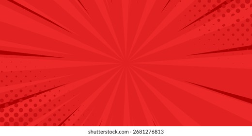 Red comic sunburst effect background with halftone. pop art comic-style vector background. Suitable for templates, sale banners, events, ads, web and pages