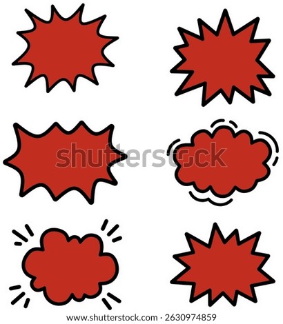 Red comic-style explosion shapes with white outlines on a black background. The shapes vary in design, including jagged edges, rounded edges, and additional lines suggesting motion or impact.