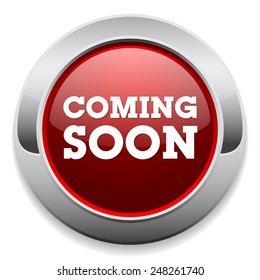 Red coming soon button with metallic border on white background
