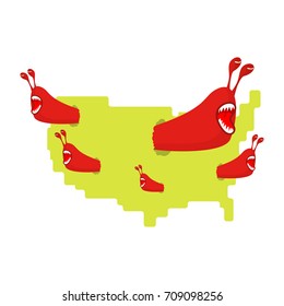 Red Communist Worms eat map USA. Pests in America. Parasites in United States. Vector illustration
