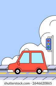 Red compact car driving along a city street, with a traffic light and fluffy clouds in the background. Ideal for transportation, city life, and urban commuting concepts cartoon illustration
