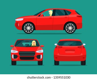 Red compact CUV isolated. Car CUV with driver woman side view, back view and front view. Vector flat style illustration