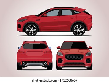 red compact SUV,the view from three sides. Jaguar E-Pace.