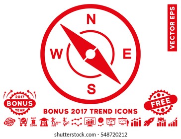 Red Compass pictograph with bonus 2017 year trend icon set. Vector illustration style is flat iconic symbols, white background.