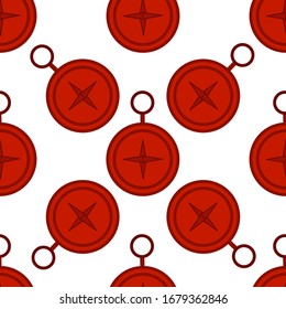 Red compass seamless pattern, for travel and adventure, navigation. In flat style isolated on white background, vector.