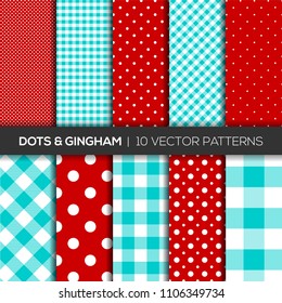 Red and complementary color Gingham and Polka Dots Sets Vector Patterns. Gingham and Polka Dots seamless pattern. Texture/background from rhombus/squares for - plaid, tablecloths. Vector illustration.