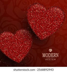 Red composition with silhouettes of red textured hearts, Valentine's Day.