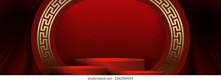 Red composition with stage, oval frame with golden color pattern.