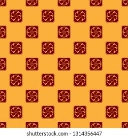 Red Computer cooler icon isolated seamless pattern on brown background. PC hardware fan. Flat design. Vector Illustration