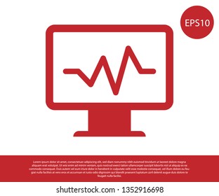 Red Computer monitor with cardiogram icon isolated on white background. Monitoring icon. ECG monitor with heart beat hand drawn. Vector Illustration