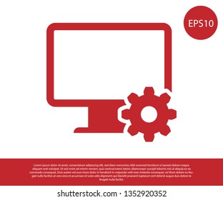 Red Computer monitor and gear icon isolated on white background. Adjusting app, setting options, maintenance, repair, fixing monitor concepts. Vector Illustration