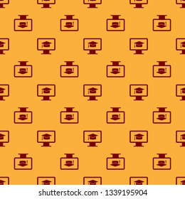 Red Computer monitor with graduation cap icon isolated seamless pattern on brown background. Online learning or e-learning concept. Internet knowledge symbol. Flat design. Vector Illustration