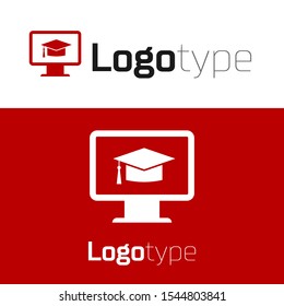 Red Computer monitor with graduation cap icon isolated on white background. Online learning or e-learning concept. Internet knowledge symbol. Logo design template element. Vector Illustration