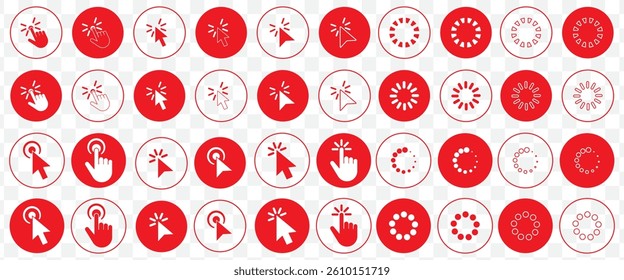 Red Computer mouse click cursor. Load symbol. Pointer cursor and loading icon. Cursors icons click set. Clicking cursor, pointing hand clicks icons on Transparent Background. EPS 10.