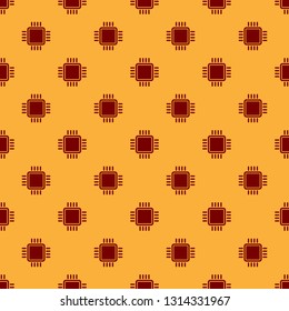 Red Computer processor with microcircuits CPU icon isolated seamless pattern on brown background. Chip or cpu with circuit board sign. Micro processor. Vector Illustration