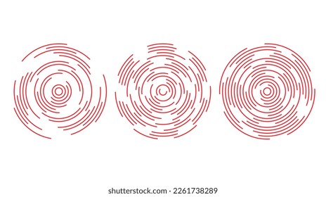 Conjunto de segmentos de círculo concéntrico rojo. Fondo del patrón redondeado. Colección de anillos de ondas sonoras o sonoras. Epicentro, objetivo, concepto de icono de radar. Elementos de señal radial o vibración. 