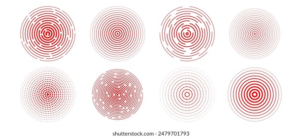 Conjunto de círculos concéntricos rojos. Sonar radial o colección de anillo de onda sonora. Símbolos de semitonos, líneas discontinuas y punteadas, epicentro, objetivo e icono de radar. Elementos de vibración de señal concéntrica de ondulación. Vector