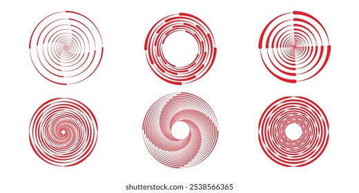 Círculo concêntrico vermelho definido. Sonar radial ou coleção de anéis de ondas sonoras. Meio-tom, pontilhado e pontilhado epicentro linha, alvo, símbolos de ícone de radar. Elementos de vibração de sinal de ondulação. 