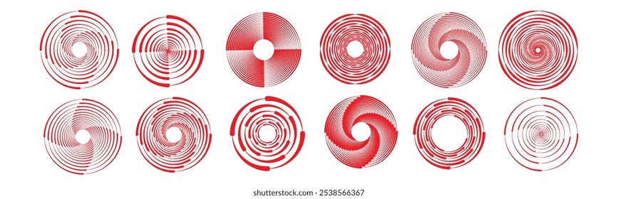 Círculo concêntrico vermelho definido. Sonar radial ou coleção de anéis de ondas sonoras. Meio-tom, pontilhado e pontilhado epicentro linha, alvo, símbolos de ícone de radar. Elementos de vibração de sinal de ondulação. 