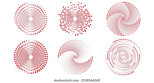 Círculo concêntrico vermelho definido. Sonar radial ou coleção de anéis de ondas sonoras. Meio-tom, pontilhado e pontilhado epicentro linha, alvo, símbolos de ícone de radar. Elementos de vibração de sinal de ondulação. 