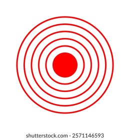 Red concentric circles with dot in center. Target, aim, goal concept. Pain localization, sore or inflammation symbol. Pulse or headache sign. Sound, radar or sonar wave pictogram. Vector illustration.