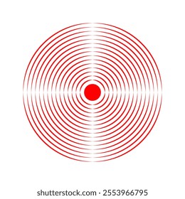 Red concentric circles. Pain localization icon. Sore or inflammation symbol. Vibration, radiation or shockwave sign. Radar or sound signal pictogram isolated on white background. Vector illustration.