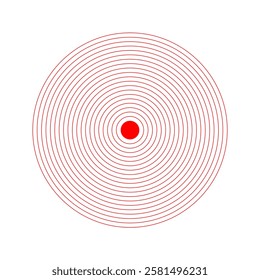 Red concentric circles. Pain localization icon. Ache, sore or inflammation symbol. Pulse, shockwave, radiation or vibration sign. Coverage or damage, radio signal pictograms. Vector illustration.