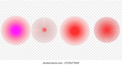 Círculos concéntricos rojos. Iconos de localización de dolor. Símbolos de dolor, dolor o inflamación. Signos de pulso o vibración. Pictogramas de radar o onda de sonido aislados sobre fondo transparente. Ilustración vectorial.

