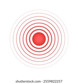 Red concentric circles with point in center. Target or aim, pain localization icon. Sore, ache or inflammation symbol. Pulse, vibration or radiation sign. Sound signal pictogram. Vector illustration.