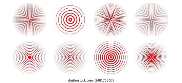 Red concentric circles set. Radial sonar or sound wave ring collection. Halftone, dashed and dotted line epicenter, target, radar icon symbol pack. Rippled concentric signal vibration elements. Vector